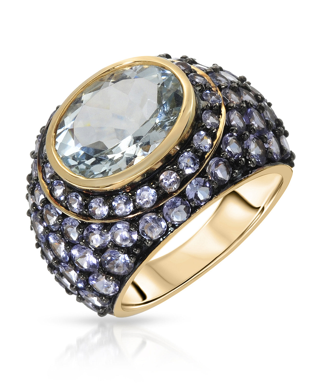7.30 ctw Natural Icy Sky Blue Aquamarine and Tanzanite 14k Gold Cocktail Ring View 1