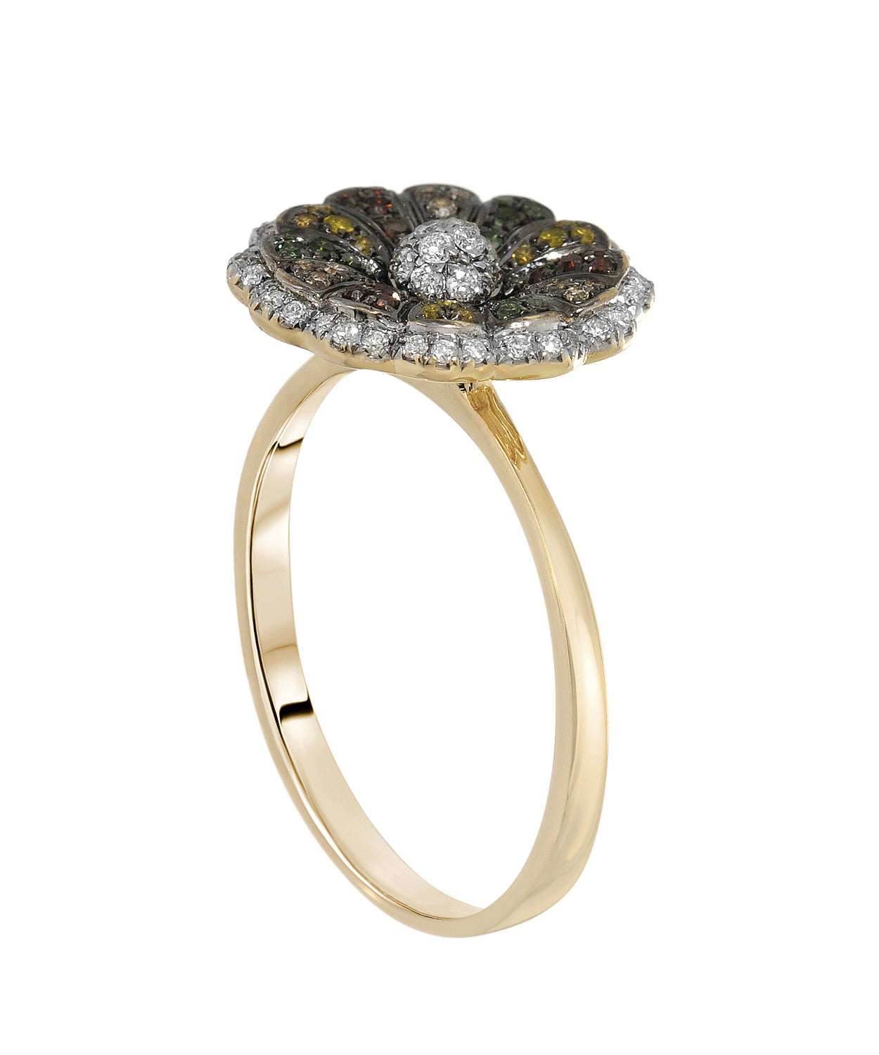 0.30 ctw Fancy Multicolor and White Diamonds 14k Yellow Gold Flower Ring View 2