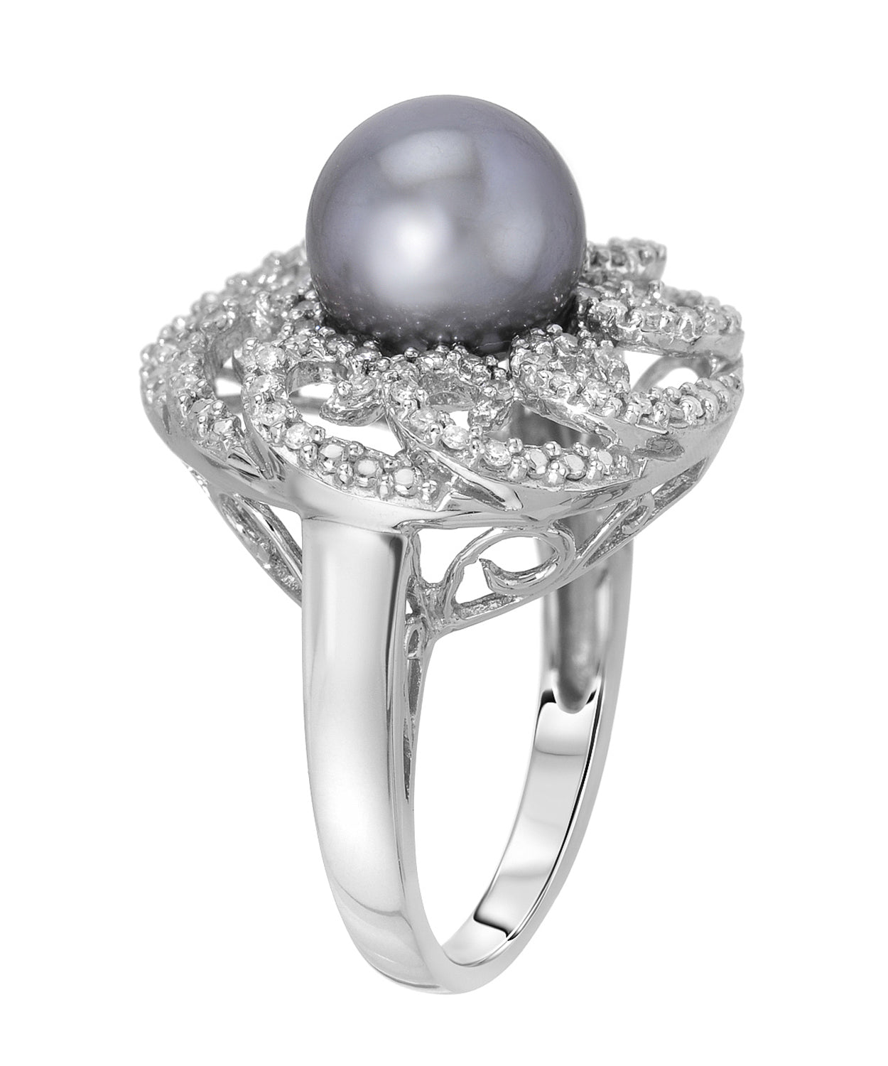0.35 ctw Natural Black Freshwater Pearl and Diamond 14k Gold Statement Cocktail Ring View 2