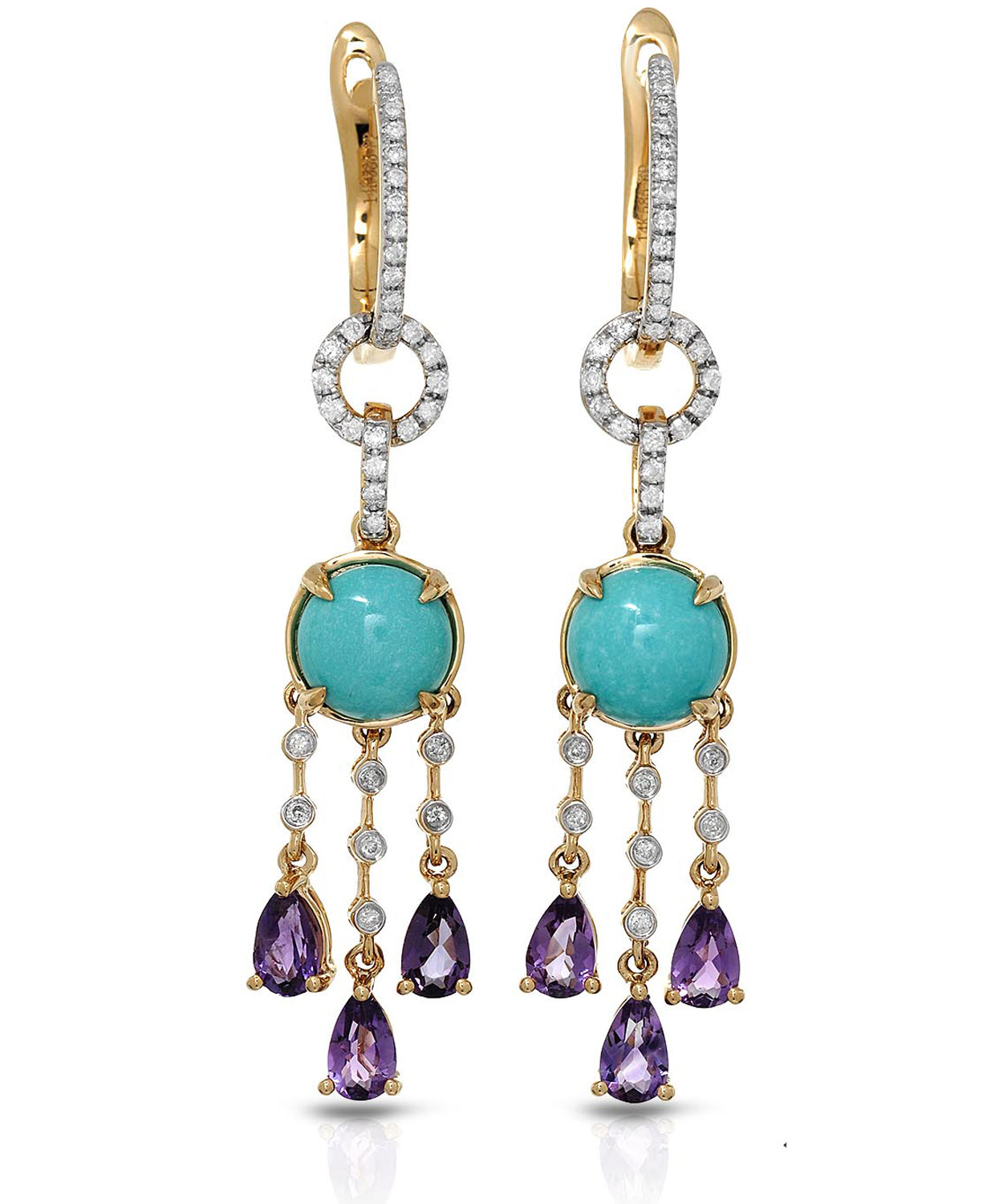 4.21 ctw Natural Turquoise, Amethyst and Diamond 14k Gold Chandelier Earrings View 1