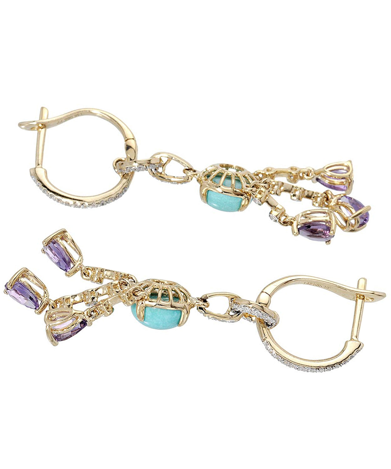 4.21 ctw Natural Turquoise, Amethyst and Diamond 14k Gold Chandelier Earrings View 2