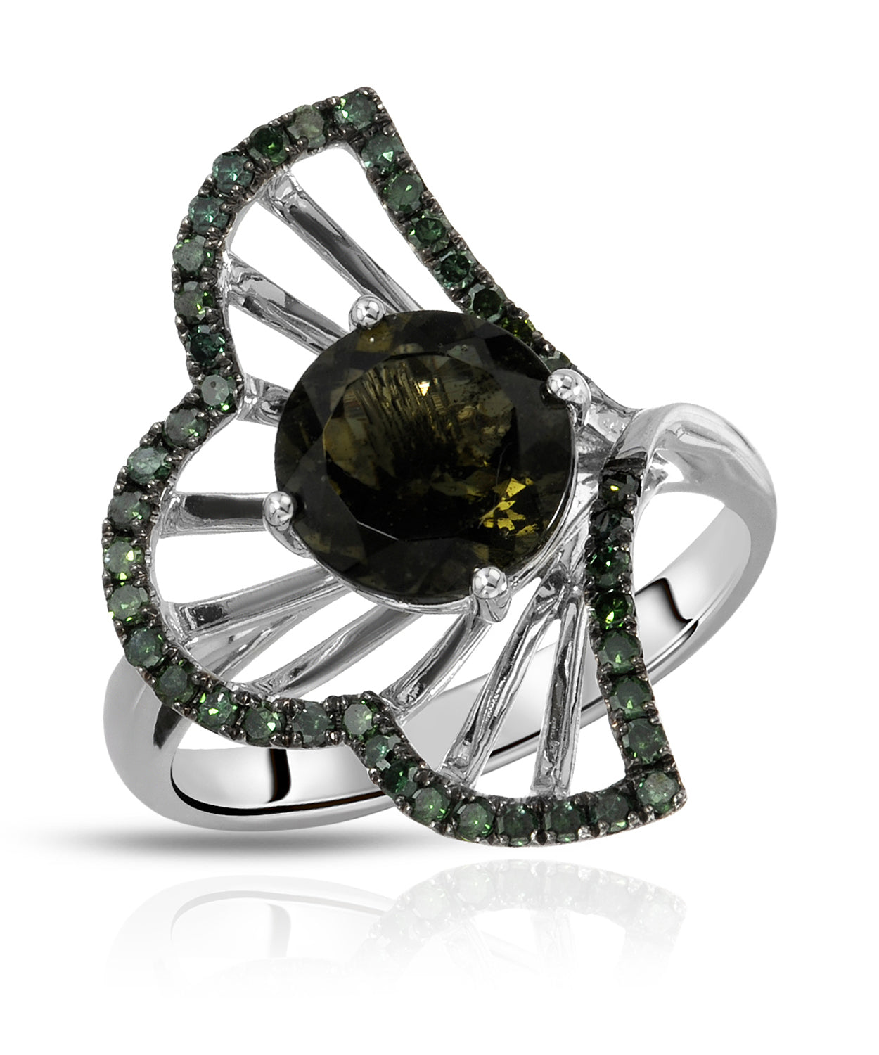 1.85 ctw Natural Forest Green Moldavite and Fancy Green Diamond 14k White Gold Right Hand Ring View 1