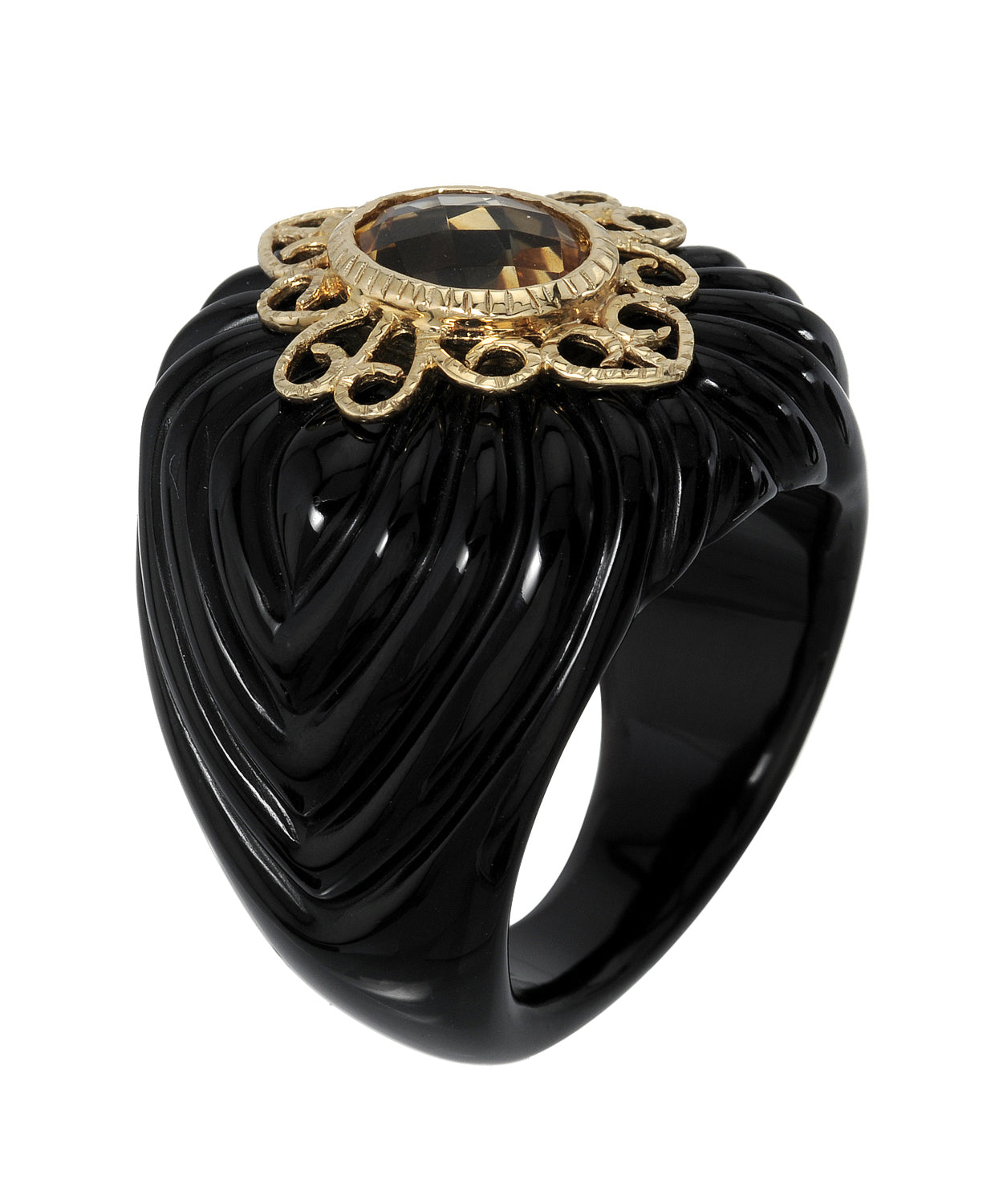 54.90 ctw Natural Black Onyx and Honey Citrine 14k Gold Victorian Style Cocktail Ring View 2