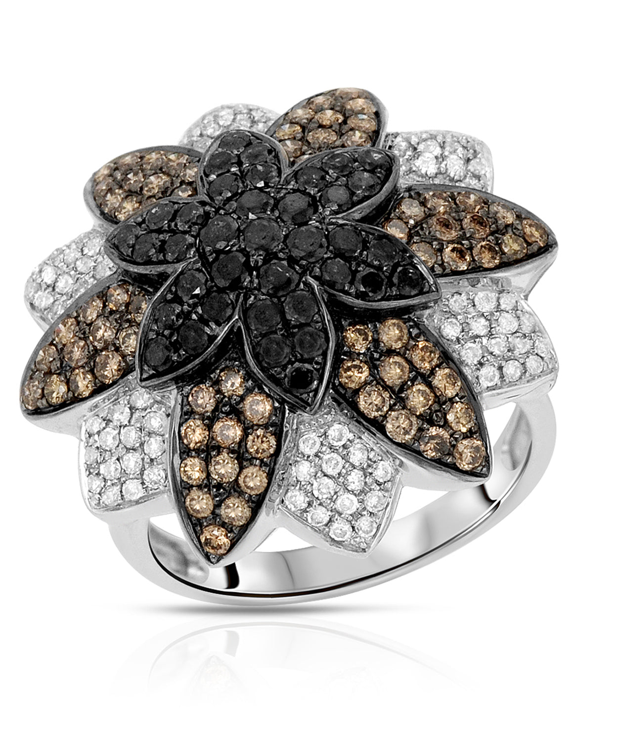 1.86 ctw Black and Champagne Diamond 14k White Gold Flower Cocktail Ring View 1