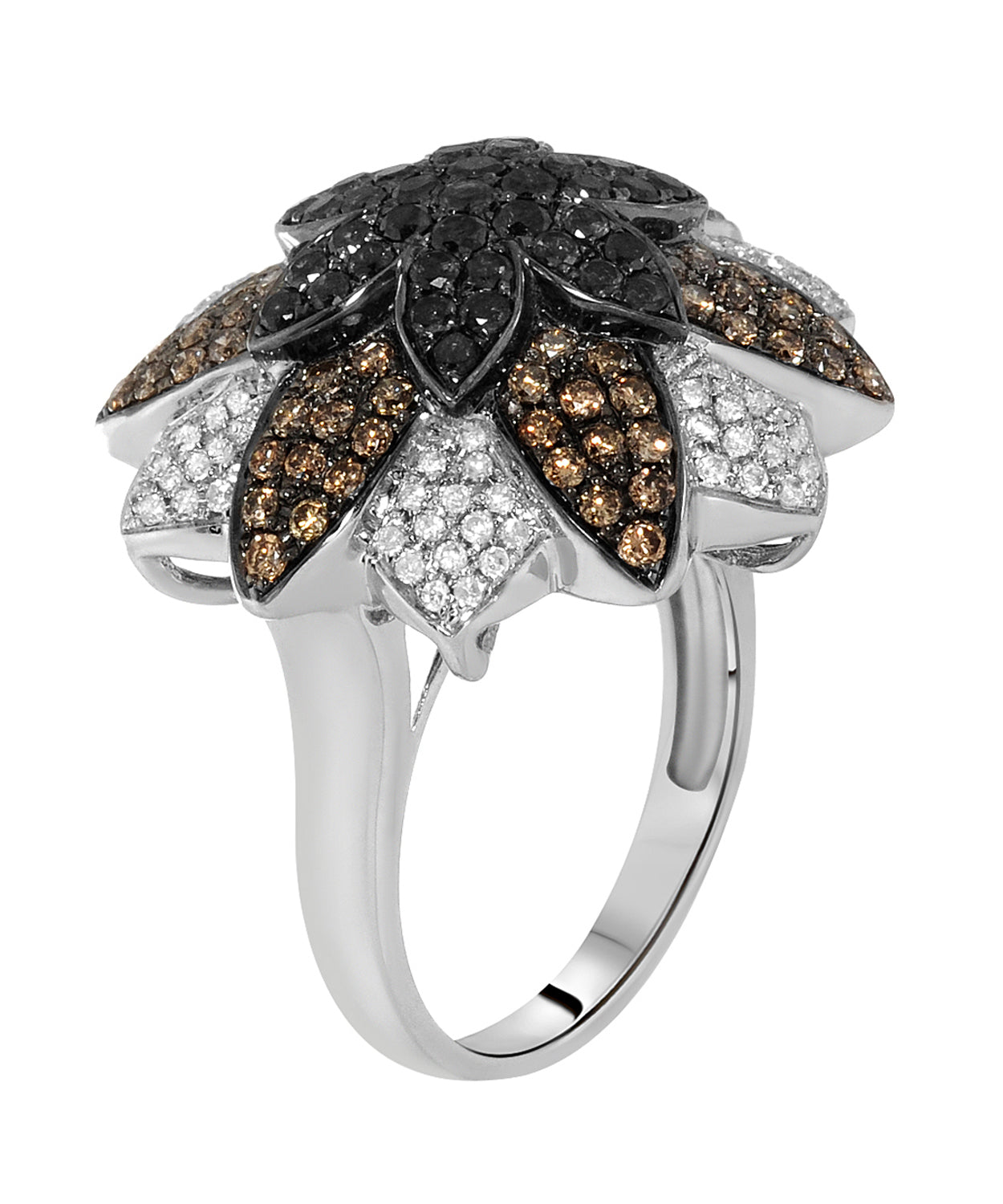 1.86 ctw Black and Champagne Diamond 14k White Gold Flower Cocktail Ring View 2
