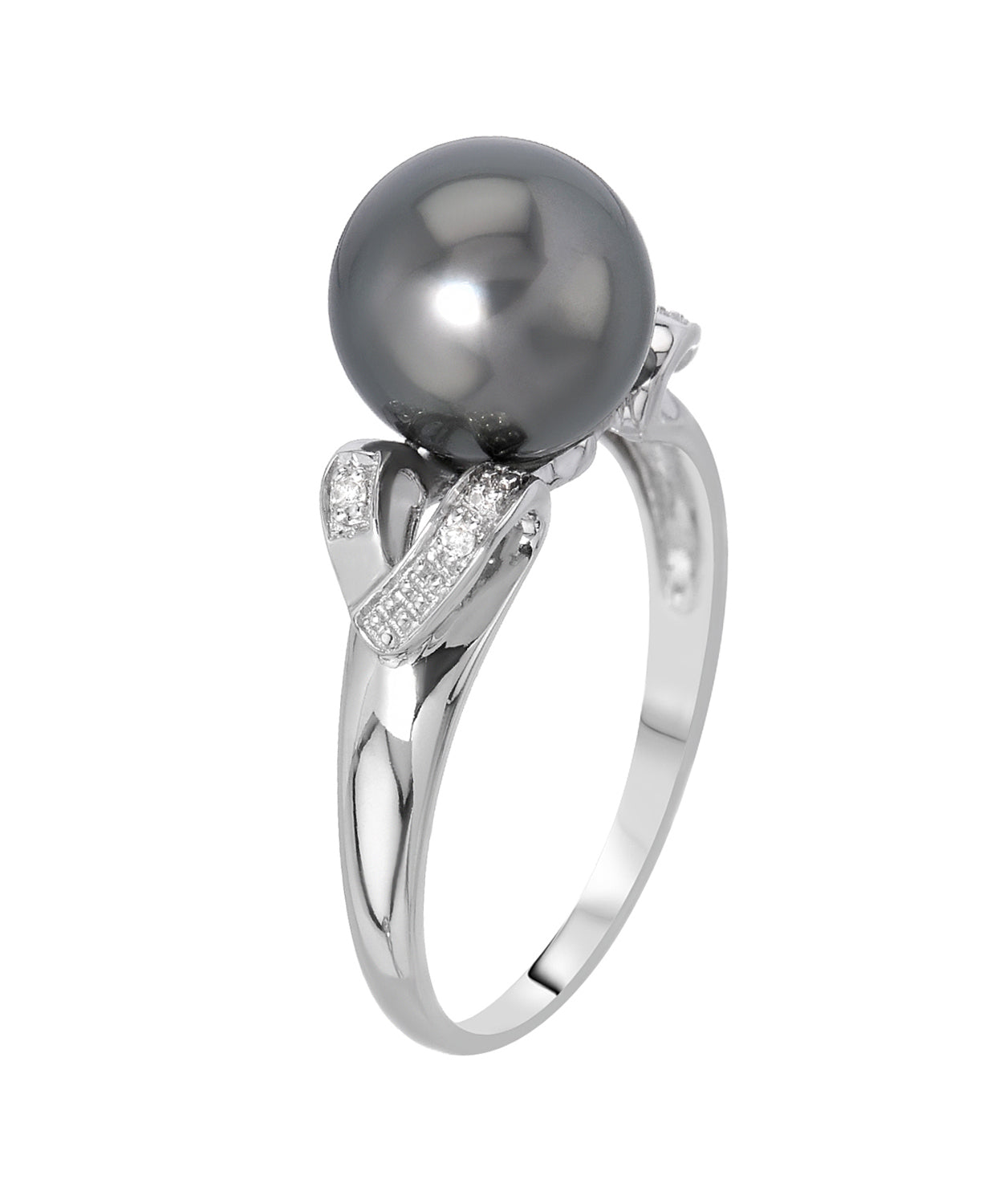 Natural Black Freshwater Pearl and Diamond 14k White Gold Right Hand Ring View 2