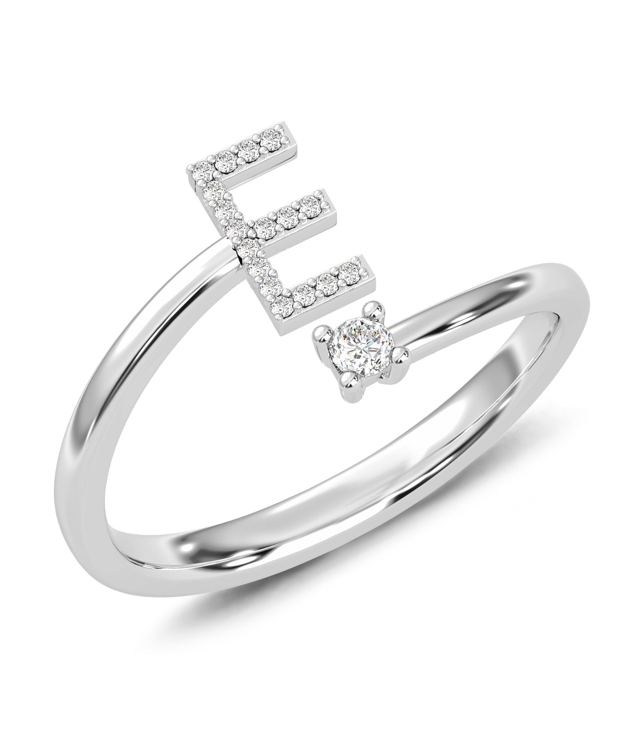 ESEMCO Diamond 18k White Gold Letter E Initial Open Ring View 1