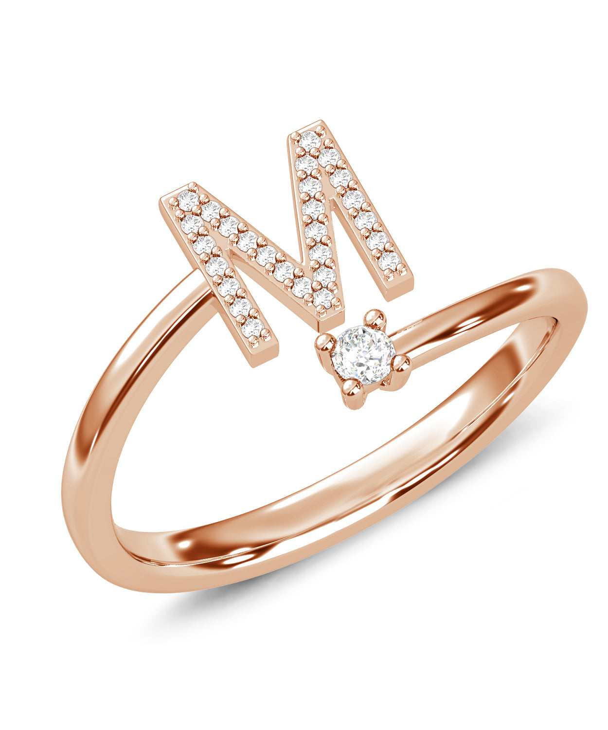 ESEMCO Diamond 18k Rose Gold Letter M Initial Open Ring View 1
