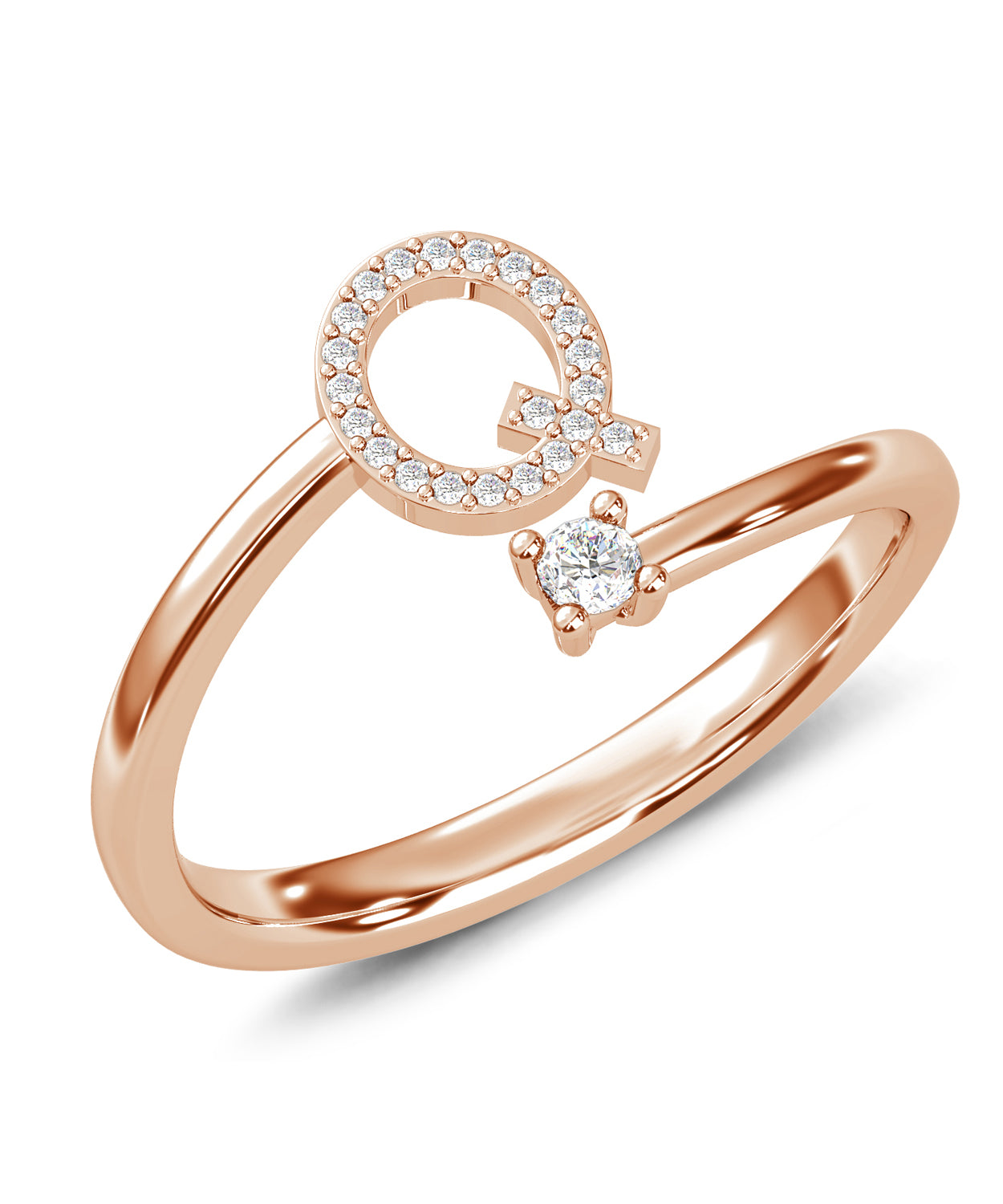 ESEMCO Diamond 18k Rose Gold Letter Q Initial Open Ring View 1