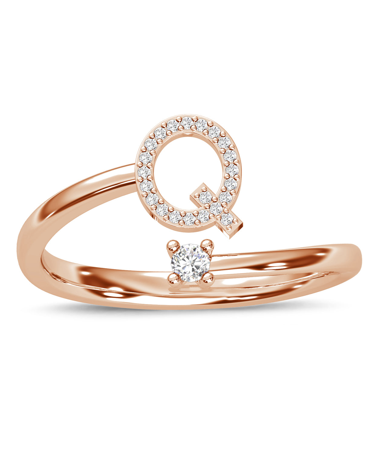 ESEMCO Diamond 18k Rose Gold Letter Q Initial Open Ring View 3