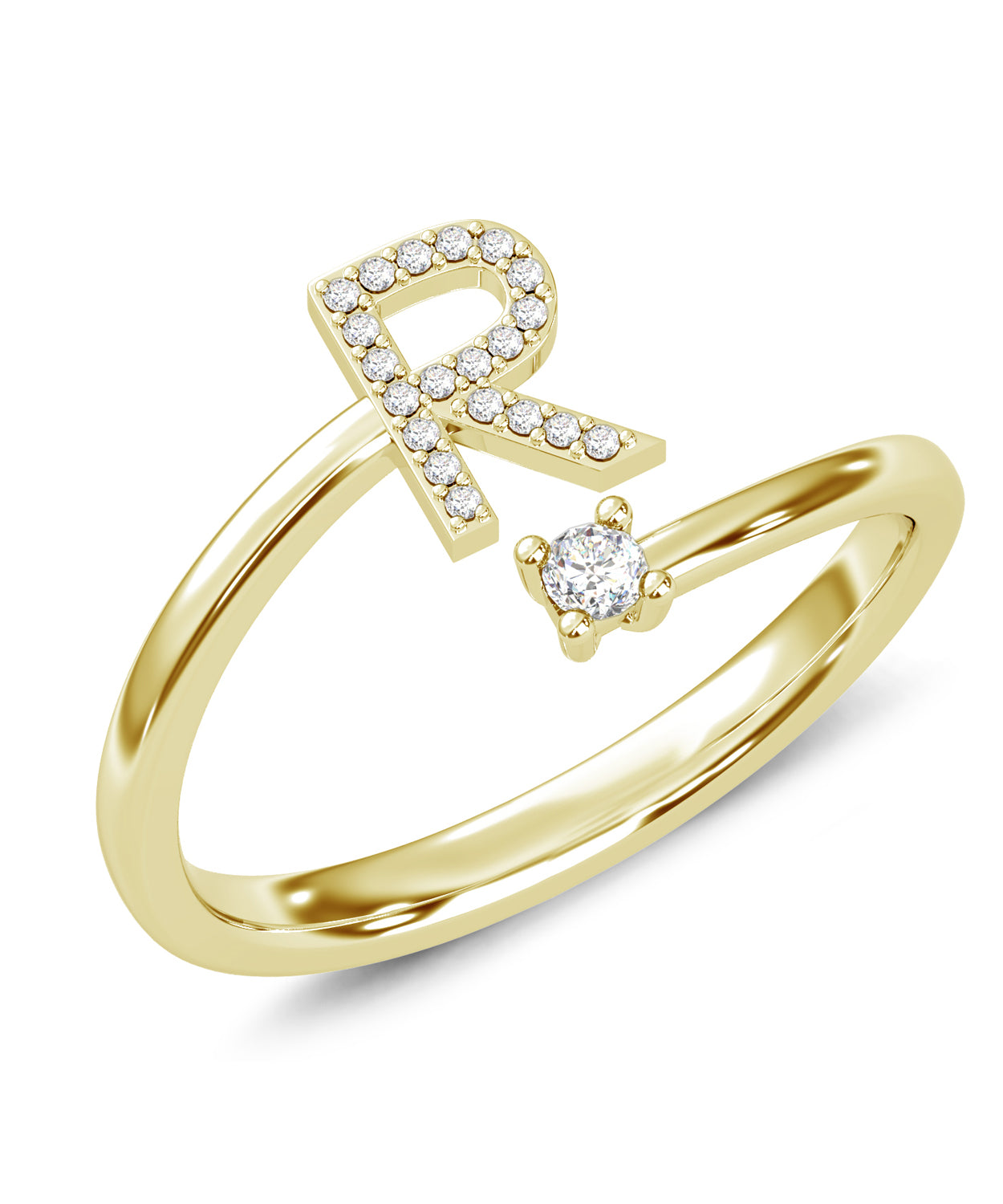 ESEMCO Diamond 18k Yellow Gold Letter R Initial Open Ring View 1