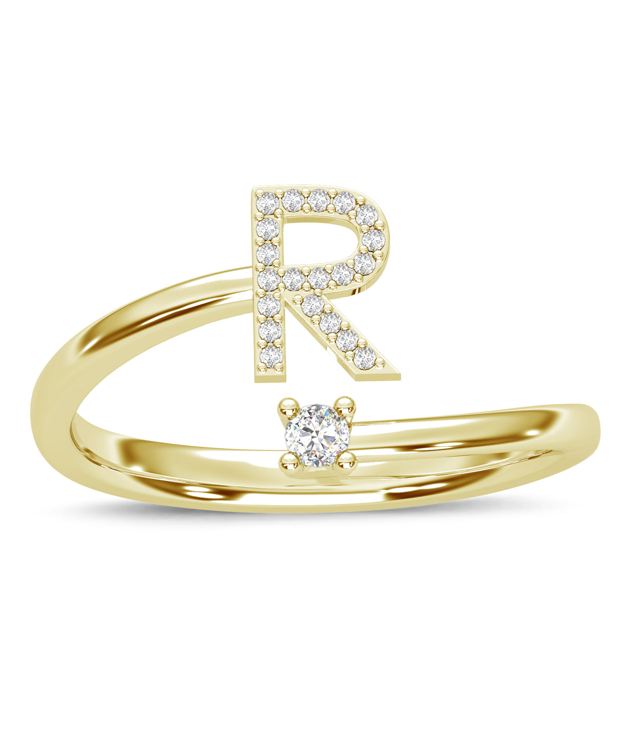 ESEMCO Diamond 18k Yellow Gold Letter R Initial Open Ring View 3
