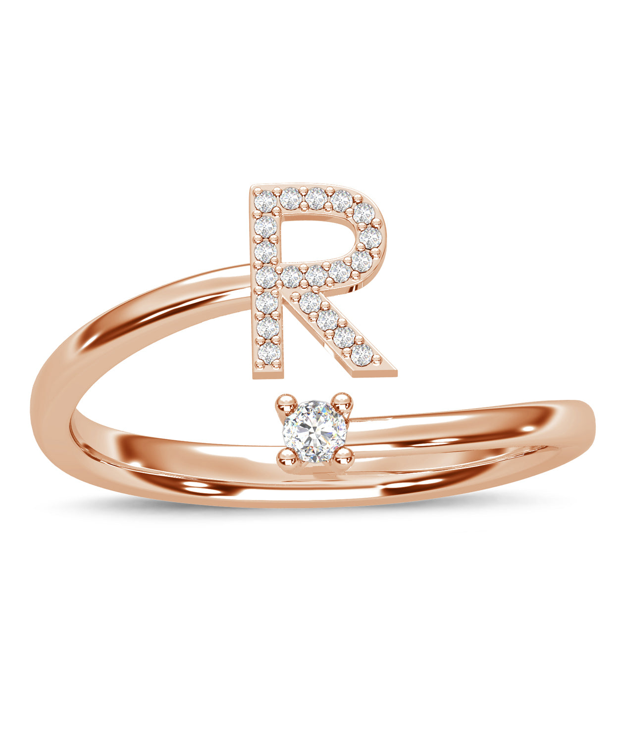 ESEMCO Diamond 18k Rose Gold Letter R Initial Open Ring View 3