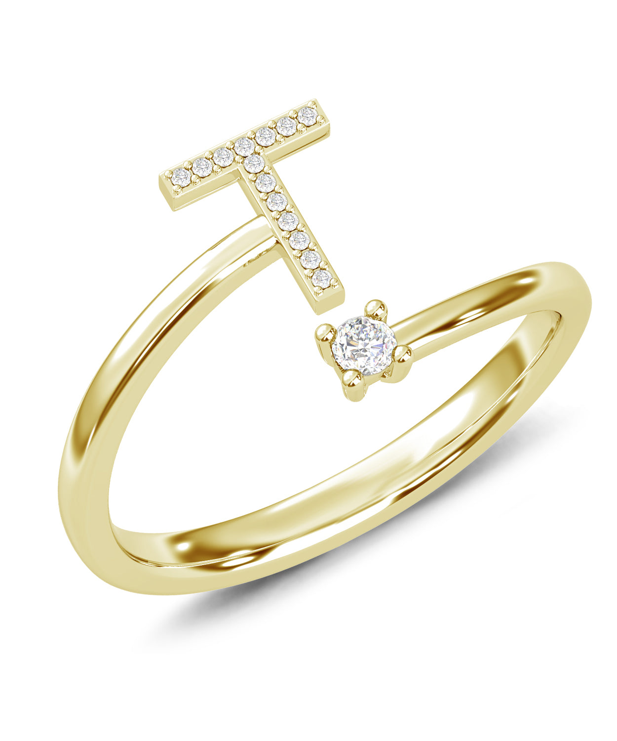ESEMCO Diamond 18k Yellow Gold Letter T Initial Open Ring View 1