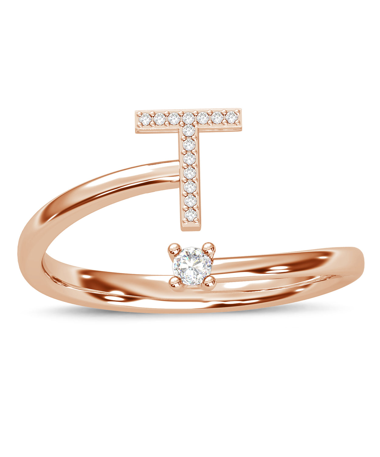 ESEMCO Diamond 18k Rose Gold Letter T Initial Open Ring View 3