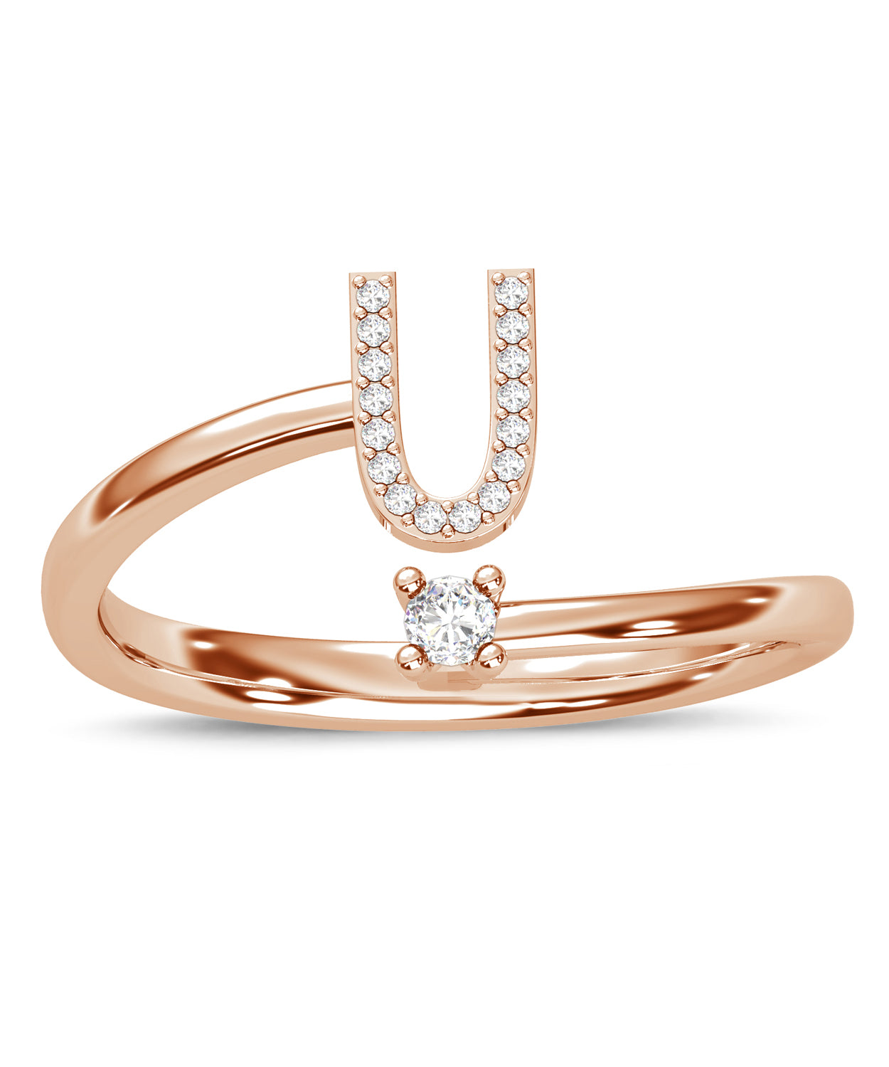 ESEMCO Diamond 18k Rose Gold Letter U Initial Open Ring View 3